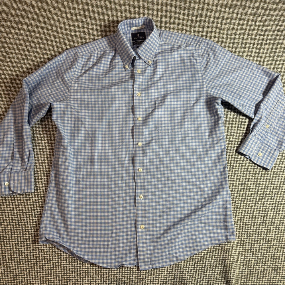 Stafford Travel Wrinkle Free Oxford Shirt Mens 16 32-33 Fitted Blue Gingham